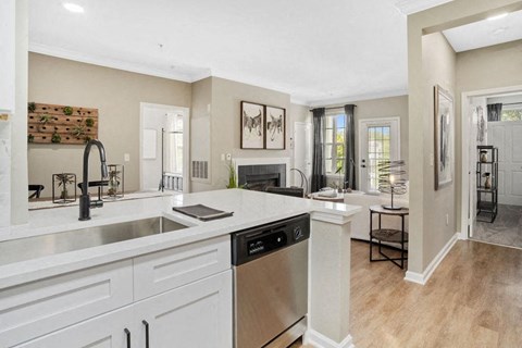 a kitchen and living room with a sink and a dishwasher