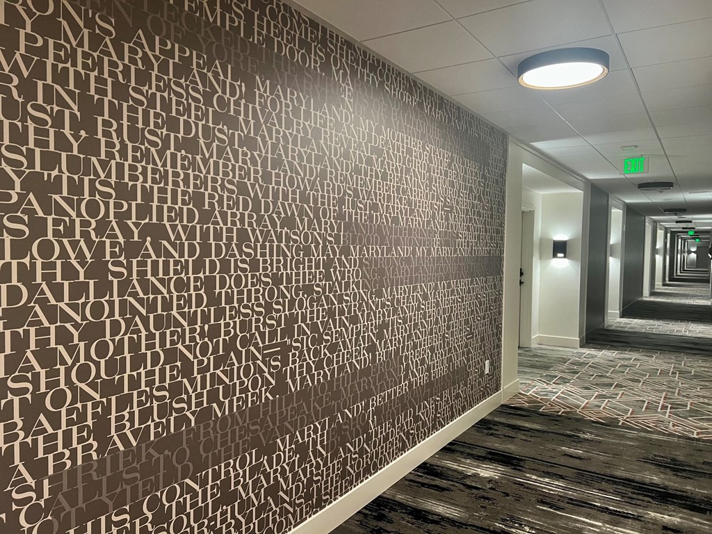 a typography wall in a hallway of a building