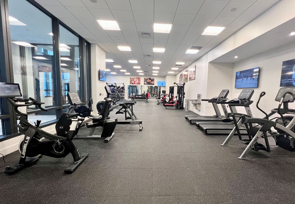a gym with cardio equipment and weights on the floor