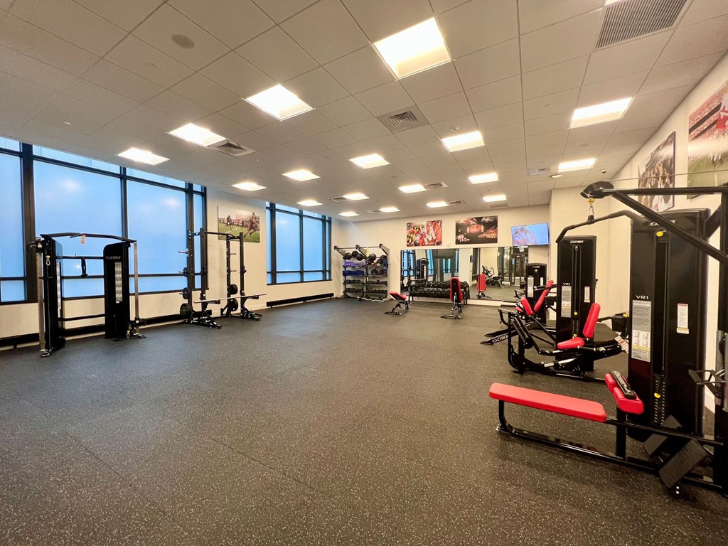 a workout room with weights and other exercise equipment in a gym