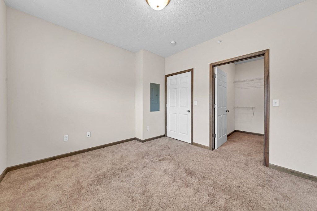 a room with carpet and a door to a closet