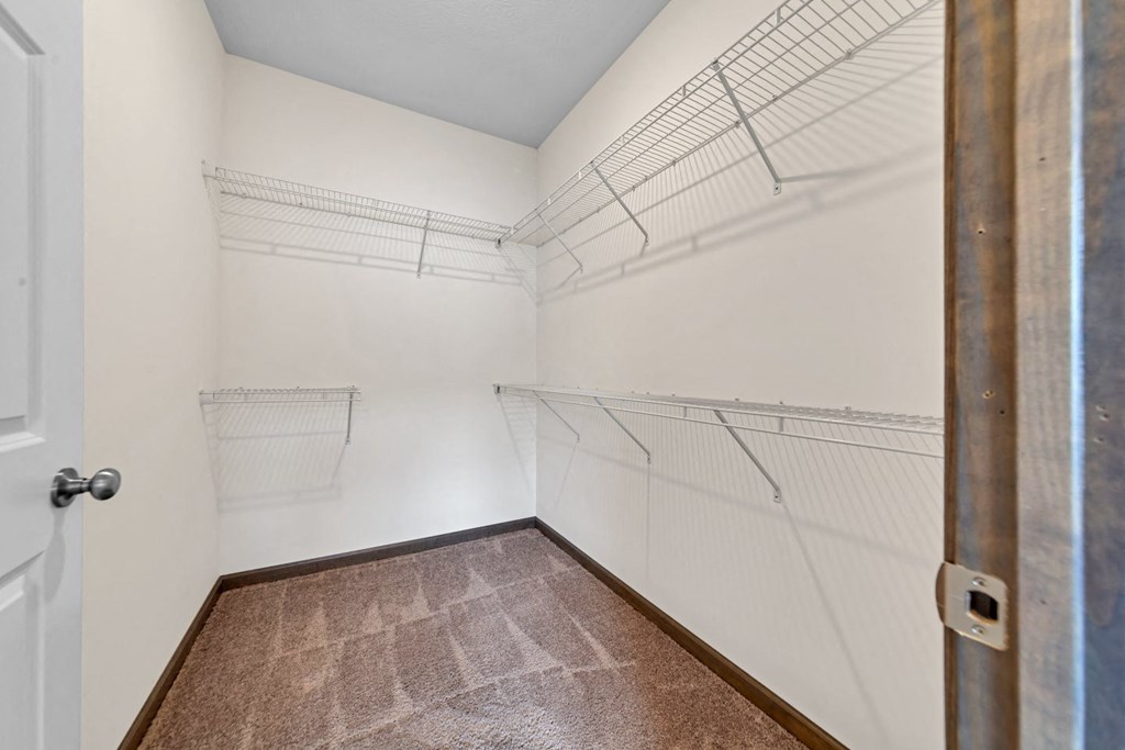 a white closet with shelves and a door