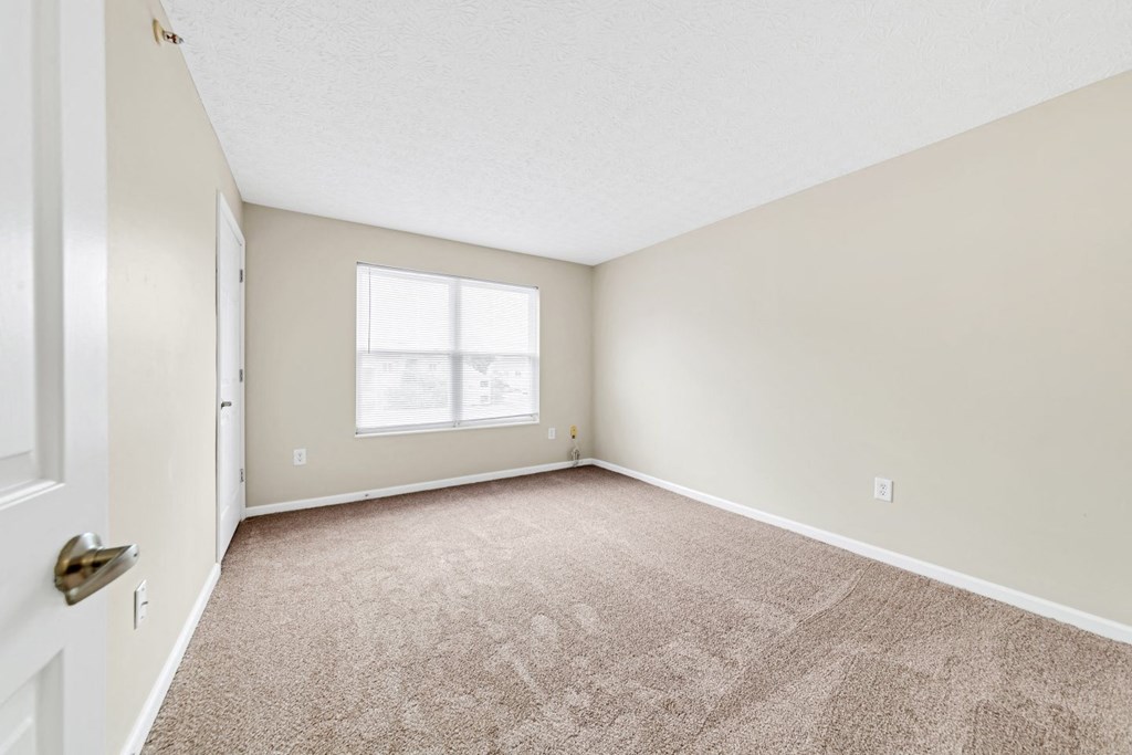 an empty room with carpet and a window