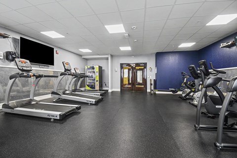 A gym with treadmills and exercise equipment.