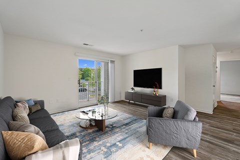 A living room with a grey couch, a coffee table, and a flat screen TV.