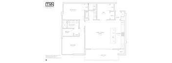 A floor plan for a TEN SELECT property showing three bedrooms, two bathrooms, a living area, kitchen, and balcony.