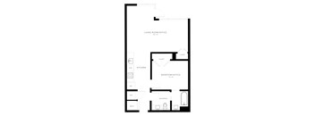 A black and white image of a floor plan for a living room, kitchen, bedroom, and bathroom.
