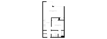 A floor plan of a living room, kitchen, and bedroom/office.