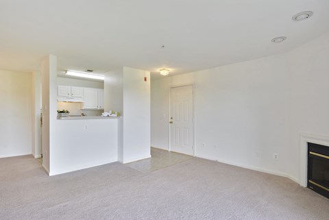 A white room with a fireplace and a kitchen area in the background.
