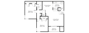 A floor plan of a house with a living room, dining room, kitchen, and three bedrooms.