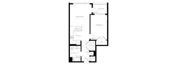 A black and white image of a floor plan for a small apartment.
