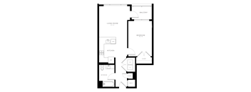 A floor plan of a house with a living room, bedroom, kitchen, and bathroom.