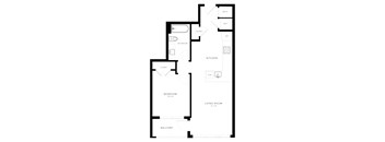A black and white floor plan of an apartment with a bedroom, living room, kitchen, and bathroom.