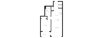 A floor plan of a house with a bedroom, bathroom, kitchen, living room, and balcony.