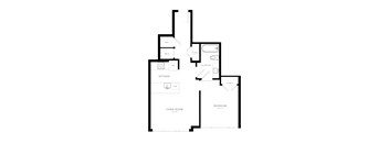 A black and white floor plan of a home with a living room, kitchen, bathroom, and bedroom.