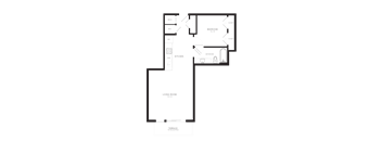 A floor plan of a house with a living room, kitchen, and two bedrooms.
