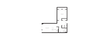 A floor plan of a home with a living room, kitchen, and bedroom.