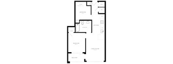 A black and white floor plan of a home with two bedrooms, a living room, a kitchen, a bathroom, a balcony, and closets.