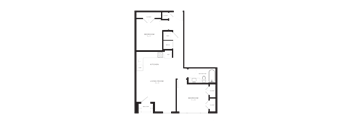 A floor plan of a house with a living room, kitchen, and two bedrooms.