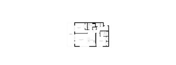 A black and white floor plan of a house with a living room, two bedrooms, a kitchen, a bathroom, and a terrace.