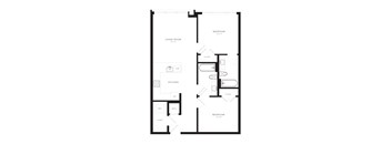 A black and white image of a floor plan for a small apartment.