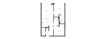 A floor plan of a house with a living room, kitchen, two bedrooms, and a bathroom.