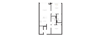 A floor plan of a house with a living room, kitchen, and two bedrooms.