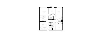 A black and white floor plan of an apartment with 4 bedrooms and a living room.