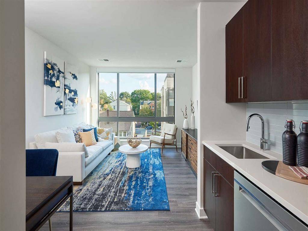 a living room with a couch and a table