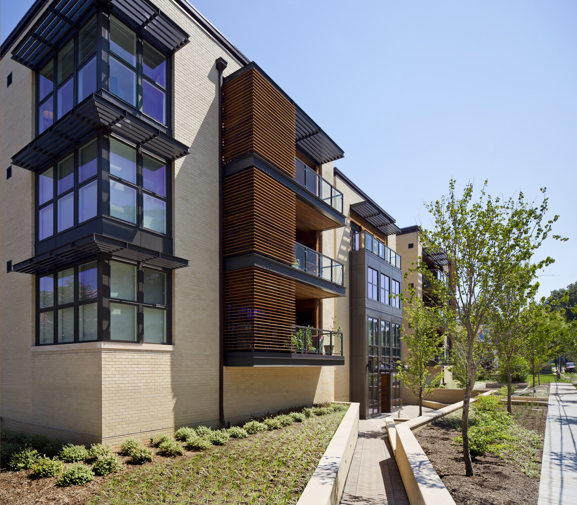 A modern building with a balcony and a tree in front.