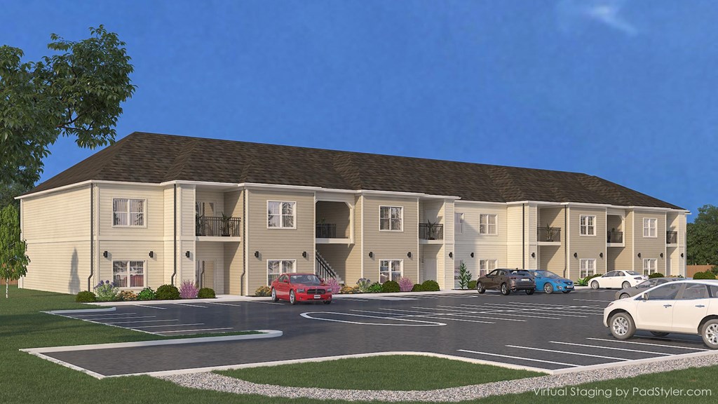 a rendering of an apartment building with cars in a parking lot