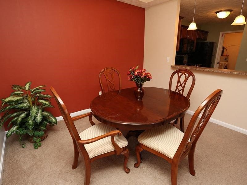 a dining room table with four chairs and a potted plant