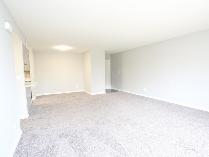 an empty living room with white walls and carpet