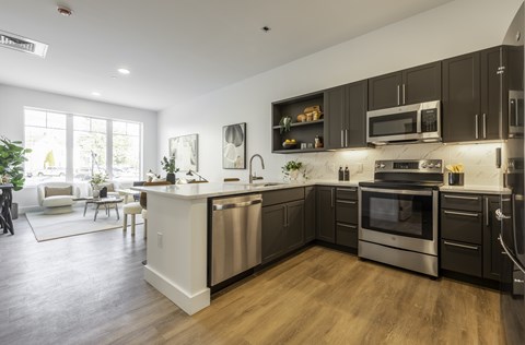 A modern kitchen with dark brown cabinets and stainless steel appliances.