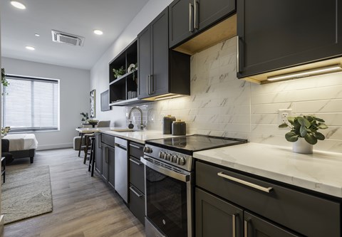 A modern kitchen with dark cabinets and a marble backsplash.