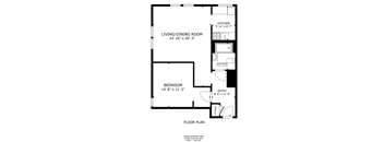 A floor plan of a small apartment with a living/dining room, kitchen, bathroom, and bedroom.