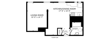 A floor plan shows a living room, a kitchen/dining room, and a bathroom.