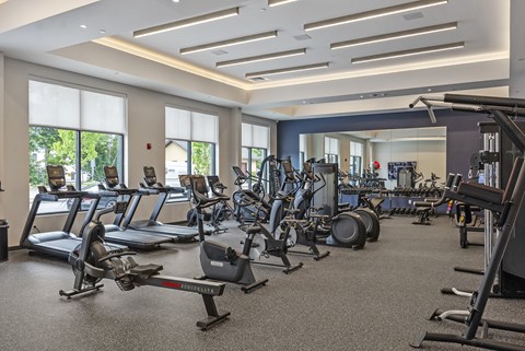 A gym with a variety of exercise equipment including treadmills, elliptical machines, and weight machines.