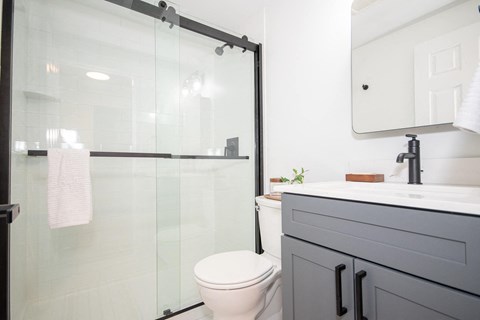 a white bathroom with a shower and a toilet