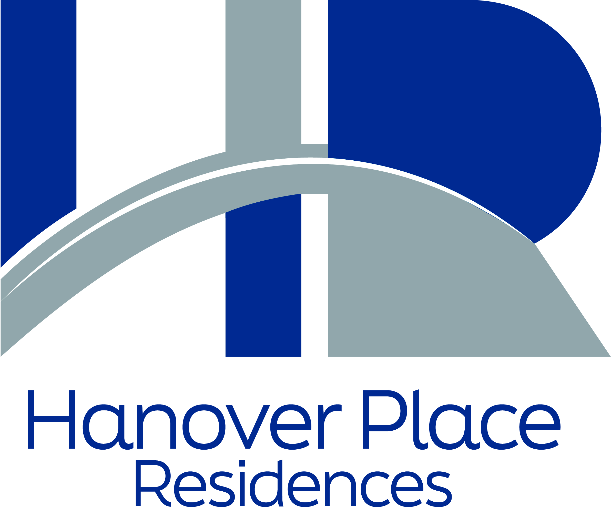 A graphic with a blue and grey design and the words Hanover Place Residences.