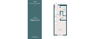 A floor plan for a studio apartment with a living area, kitchen, bathroom, and laundry space.