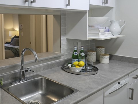 A kitchen with a stainless steel sink and a tray of lemons.