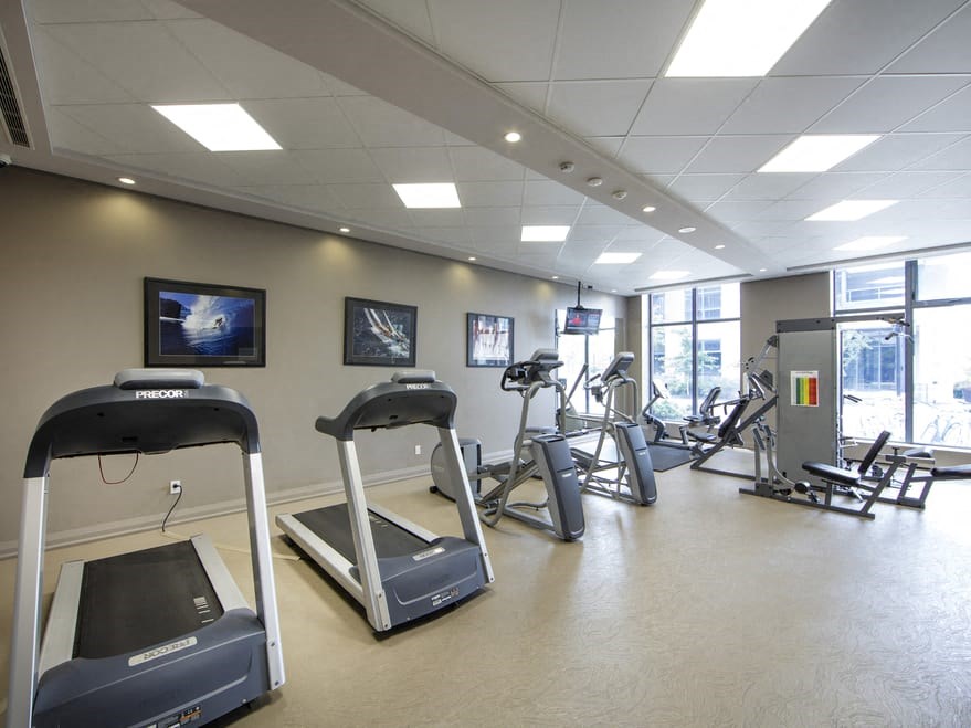 a gym with treadmills and other exercise equipment at trillium apartments in fairfax