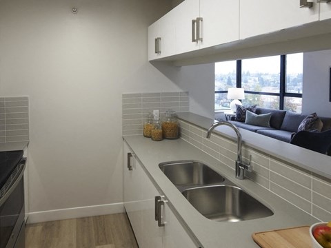 A modern kitchen with a stainless steel sink and white cabinets.