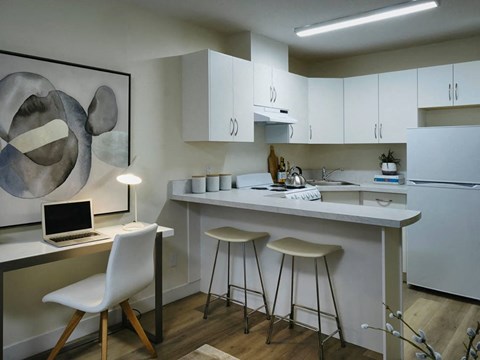 A modern kitchen with white cabinets and a laptop on the counter.