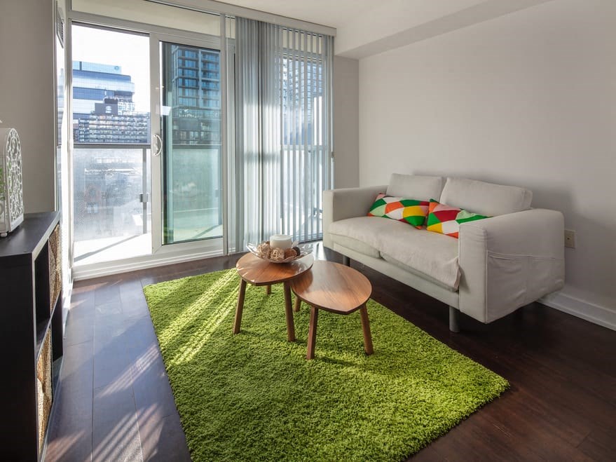 a living room with a green rug and a white couch