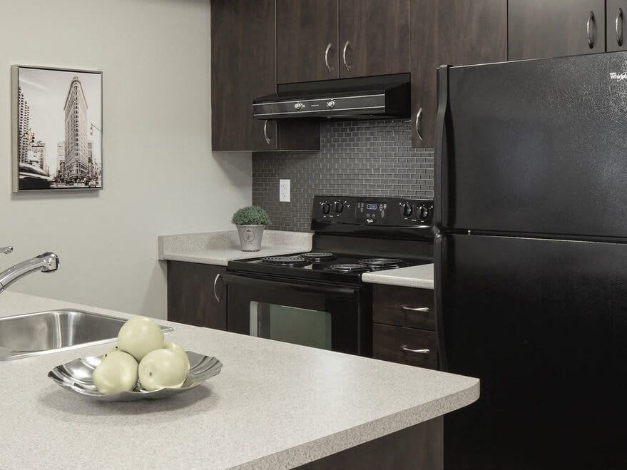 a kitchen with a black refrigerator freezer next to a stove top oven