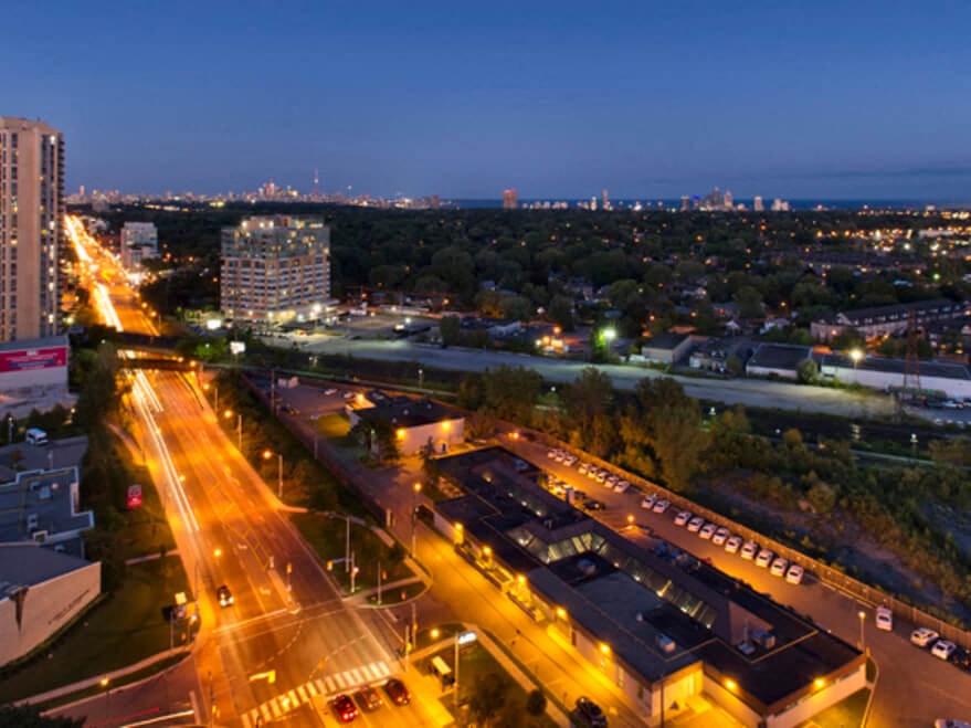 an aerial view of a city at night