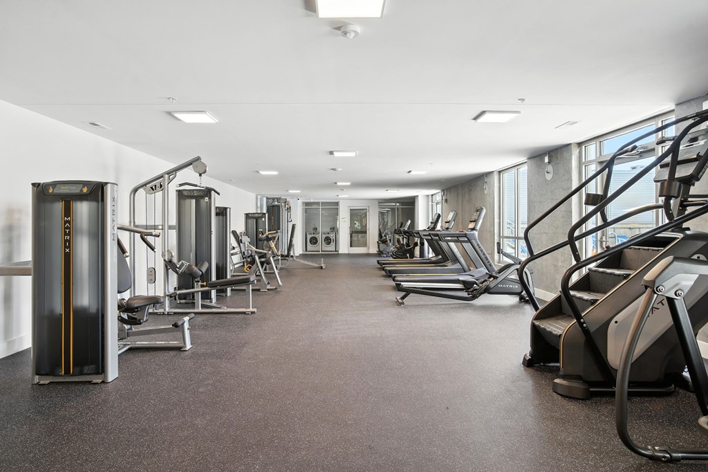A gym with treadmills, elliptical machines, and other cardio equipment.