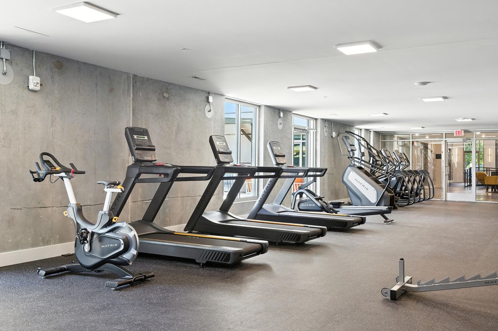 A gym with treadmills, exercise bikes, and elliptical machines.